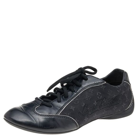 Louis Vuitton Black Leather and Monogram Canvas Low Top Sneakers Size 38 - Picture 1 of 4